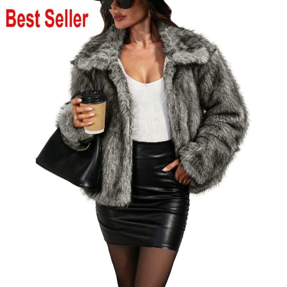 Faux Fur Jacket Oversized Chic Winter Coat Long Sleeve Open Front Shaggy